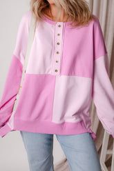 Color Block Half Button Long Sleeve Sweatshirt Pink OutfitFlow