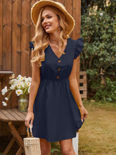 Ruffled V-Neck Cap Sleeve Mini Dress Indigo OutfitFlow