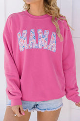 MAMA Round Neck Long Sleeve Sweatshirt Fuchsia Pink OutfitFlow