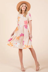 BOMBOM Floral Round Neck Short Sleeve Tiered Dress Apricot OutfitFlow