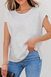 Stripe Cap Sleeve Crew Neck Casual Tee with Chest Pocket White OutfitFlow