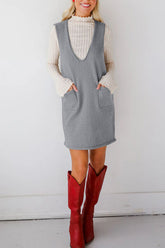 Lovelet Pocketed V-Neck Mini Sweater Overall Dress Gray OutfitFlow