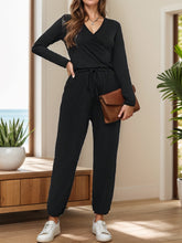 Surplice Tie Waist Long Sleeve Jumpsuit Black OutfitFlow