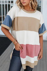 Color Block Patchwork Side Split Tunic T Shirt Stripe OutfitFlow