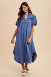 Annie Wear Mineral Washed Button Down Puff Sleeve Shirt Dress Peacock Blue OutfitFlow