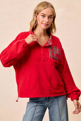 BiBi Christmas Theme Fleece Buttoned Top with Pockets RED OutfitFlow