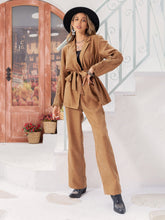 Lace Detail Collared Neck Top and Pants Set Tan OutfitFlow