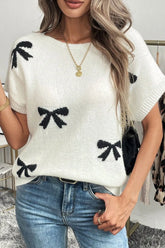 Bow Pattern Knit Short Sleeve Sweater White OutfitFlow