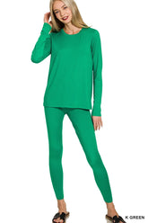 Zenana Microfiber Round Neck Top and Leggings Set K GREEN OutfitFlow