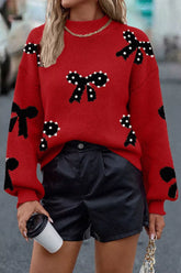 Round Neck Bow Pattern Pearl-Embellished Sweater Rust OutfitFlow