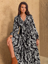 Floral Print V-Neck Long Sleeve Ruffle Hem Midi Dress Black OutfitFlow