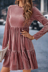 Ruffle Hem Round Neck Long Sleeve Dress Dusty Pink OutfitFlow