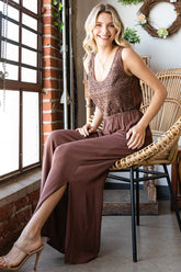 First Love Tie Back Sleeveless Slit Wide Leg Jumpsuit BROWN OutfitFlow