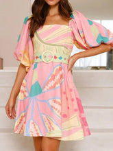 Printed Square Neck Puff Sleeve Dress Blush Pink OutfitFlow