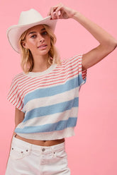 BiBi Stripes Lightweight Short Sleeve Sweater RED BLUE OutfitFlow