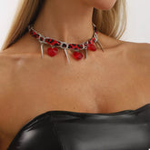 Heart Charm Choker Necklace with Metal Spikes Red One Size OutfitFlow