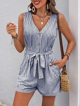 Perfee Striped V-Neck Tie Waist Romper Stripe OutfitFlow