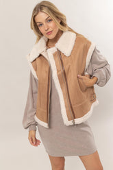 HYFVE Fur-Contrast Zip Up Suede Vest Brown OutfitFlow