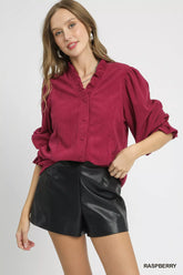 Umgee Corduroy Ruffle Shirt with Long Puff Sleeves RASPBERRY OutfitFlow