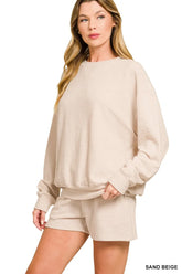 Zenana Slub Long Sleeve Top and Shorts Set SAND BEIGE OutfitFlow