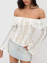 Off-Shoulder Lace Top with Bell Sleeves White OutfitFlow