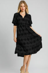Umgee Full Size Swiss Dot Jacquard Tiered Midi Dress Plus Size Black OutfitFlow