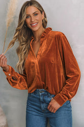 Notched Frill Detail Long Sleeve Blouse Brown OutfitFlow