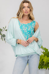 Celeste Full Size Floral Round Neck Top with Two Layer Detail Mint OutfitFlow