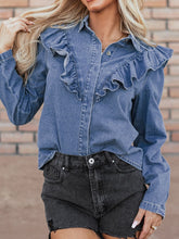 Ruffled Collared Neck Long Sleeve Denim Top Medium OutfitFlow