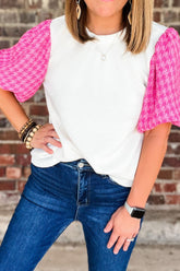 Round Neck Contrast Tweed Puff Sleeve Top White OutfitFlow