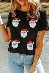 Sequin Santa Round Neck Short Sleeve T-Shirt Black OutfitFlow
