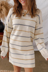 Striped Dropped Shoulder Oversized Sweater Dress Beige OutfitFlow