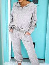 Zip Collar Long Sleeve Top and Drawstring Pants Set Light Gray OutfitFlow