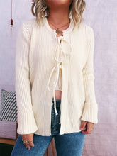 Ribbed Tie Front Long Sleeve Cardigan Ivory One Size OutfitFlow