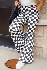 Checkered Flare Pants with Pockets Black OutfitFlow