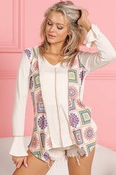 BiBi Granny Square Print Contrast Annie Rib V Neck Top CREAM OutfitFlow