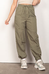 VERY J Drawstring Woven Parachute Joggers OLIVE OutfitFlow