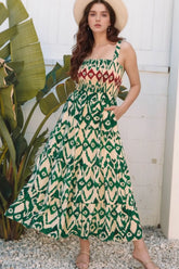 Western Aztec Shirred A-line Sleeveless Maxi Dress Dark Green OutfitFlow