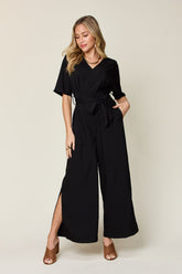 Double Take Full Size V-Neck Tied Side Slit Jumpsuit Black OutfitFlow