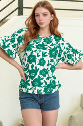 Floral Print Ruffled Short Sleeve Round Neck Loose Blouse Dark Green OutfitFlow
