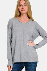 Zenana Front Seam Round Neck Sweater Gray OutfitFlow