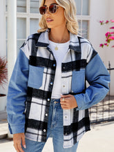 Pocketed Plaid Snap Down Denim Jacket Dusty Blue OutfitFlow