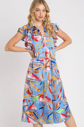 Umgee Full Size Leaf Print Double Layered Ruffle Sleeve Tiered Midi Dress Plus Size PERIWINKLEMIX OutfitFlow