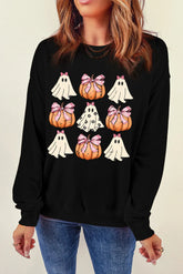 Pumpkin & Ghost Round Neck Long Sleeve Sweatshirt Black OutfitFlow