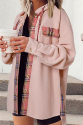 Waffle Knit Plaid Patchwork Drawstring Hooded Shacket Blush Pink OutfitFlow