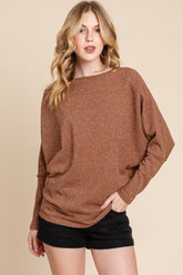 BOMBOM Drop Shoulder Long Sleeve Knit Top Camel OutfitFlow