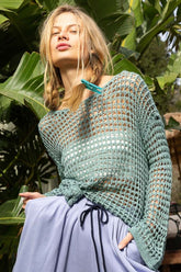 POL Side Slit Openwork Long Sleeve Knit Cover Up DUSKY TEAL OutfitFlow