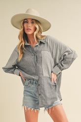 Aemi + Co Striped Collared Neck Lantern Sleeve Shirt Gray OutfitFlow