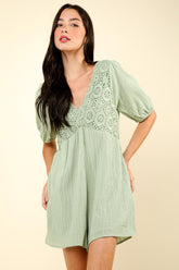VERY J Lace Detail Puff Sleeve Romper with Pockets Sage OutfitFlow
