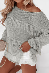 Fringe Boat Neck Long Sleeve Sweater Gray OutfitFlow
